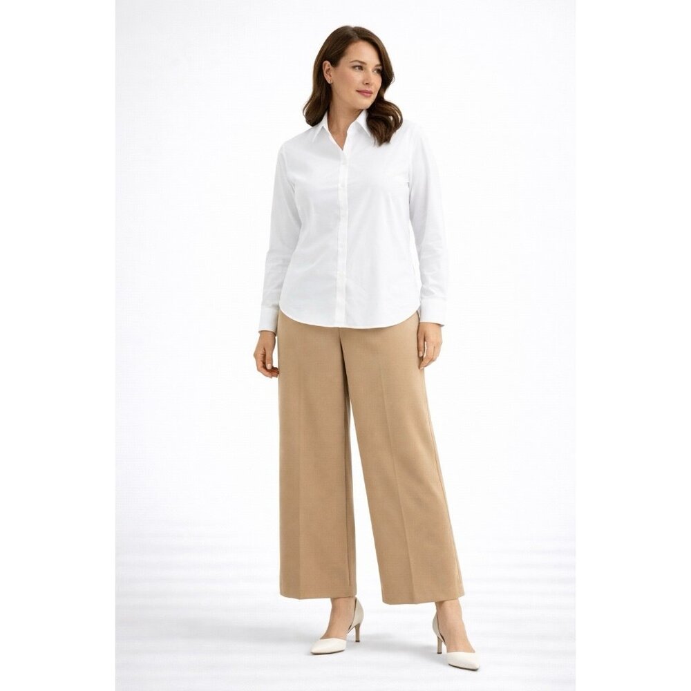 ERIC pants slacks trousers tan 4 side zip wide leg knit ankle career business